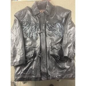 Winlit Leather Fringe Jacket Men’s XL Western Biker Black Genuine Leather